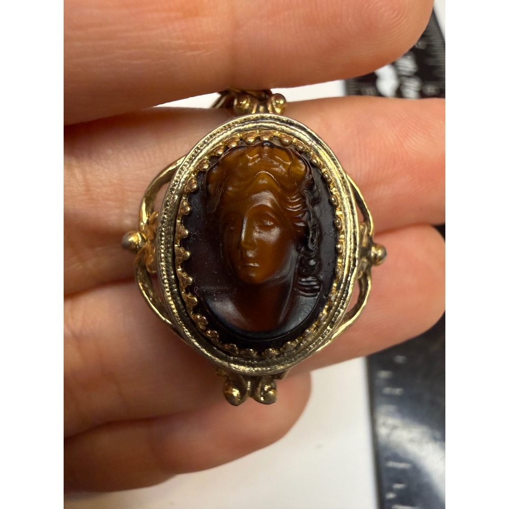 Ornate Gold Tone Amber Brown Glass Cameo Necklace High Relief Scroll Frame Chain